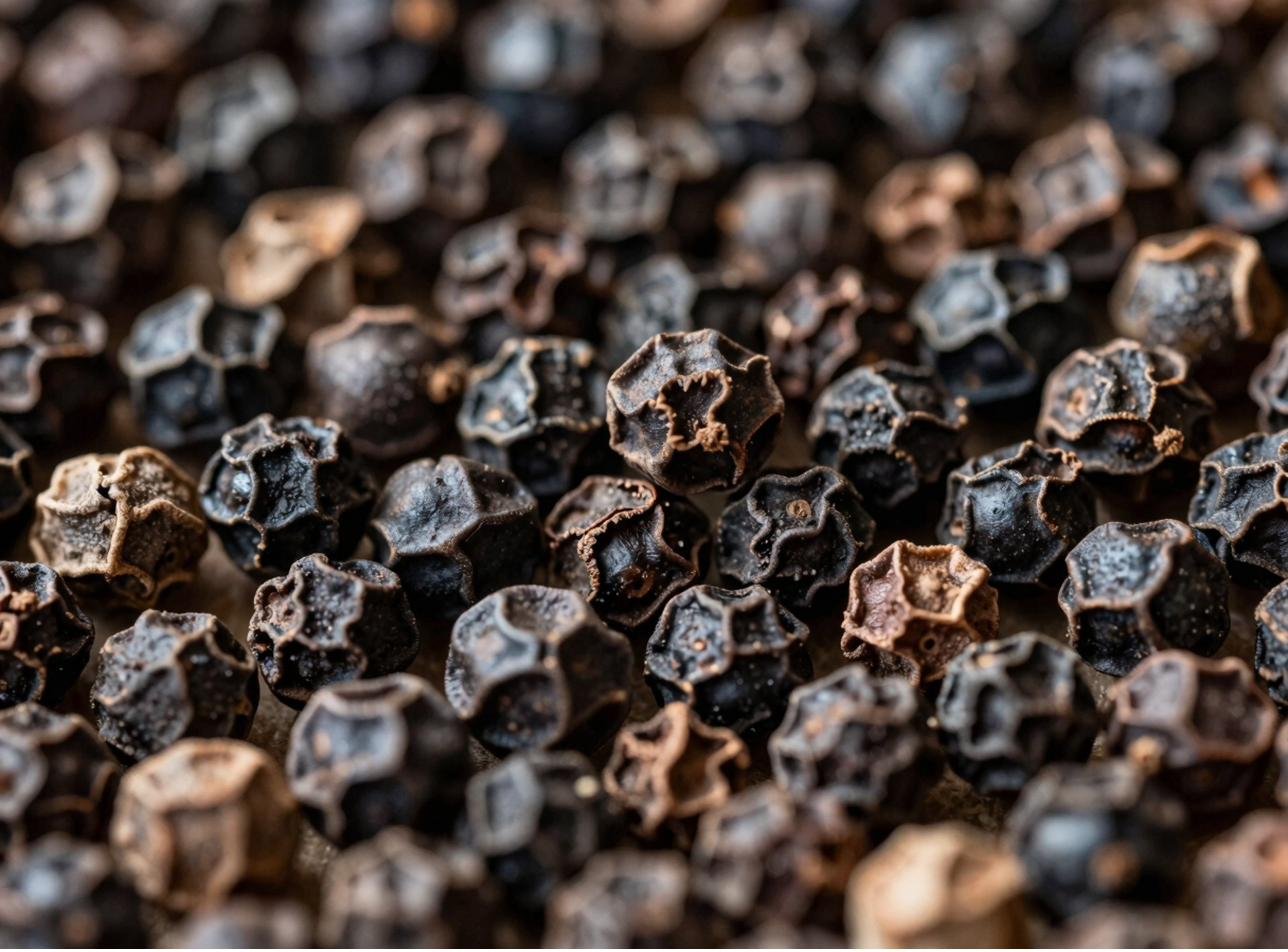 Macro texture of premium Indian black peppercorns