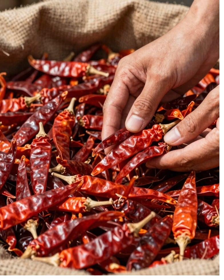 Hands sorting sun-dried red chillies at origin in India
