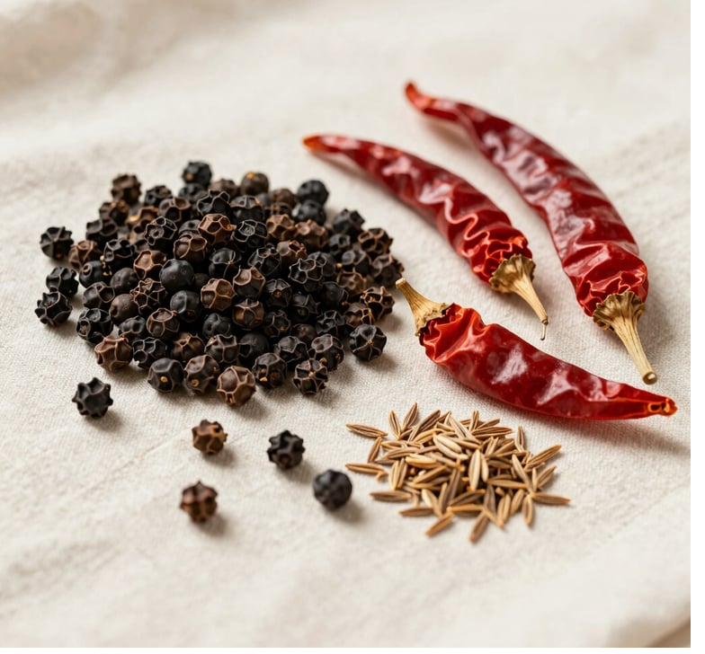 Whole black peppercorns, dried red chillies and cumin seeds