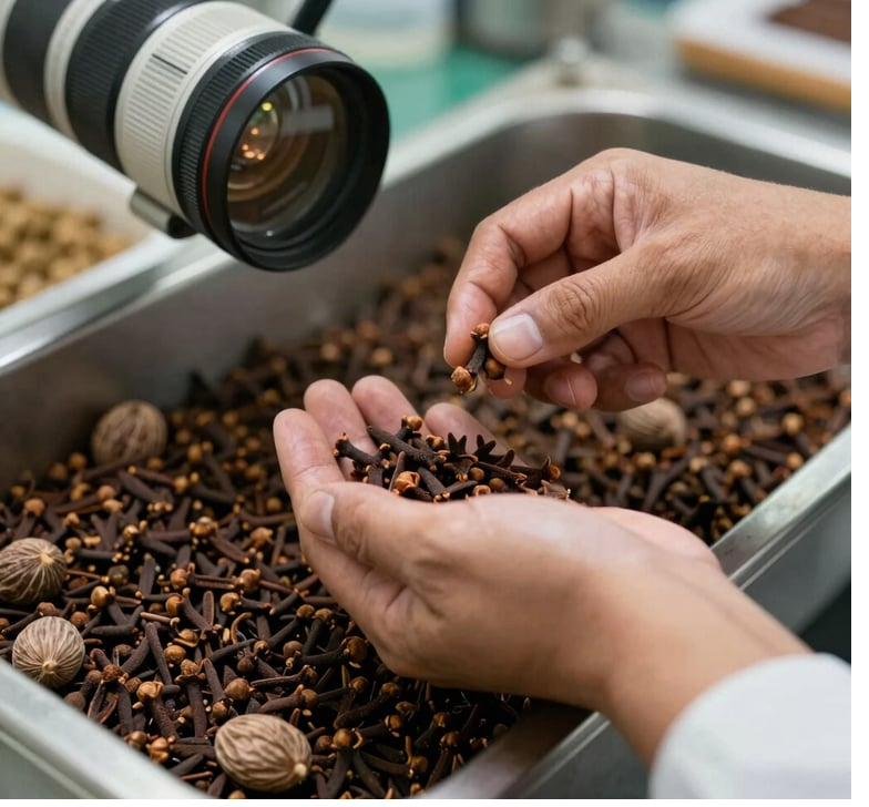 Whole cloves being quality inspected by hand